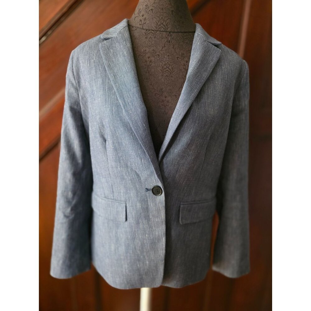 Loft Womens Herringbone Blazer 8P Blue Cotton Blend Single-Button Suit Jacket NW